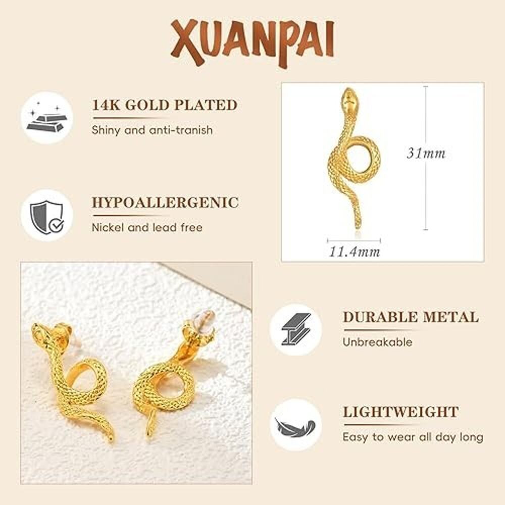 Gold Snake Earrings for Women - 14k Gold Plated Thin Hoops,Hypoallergenic Gold - Picture 4 of 5